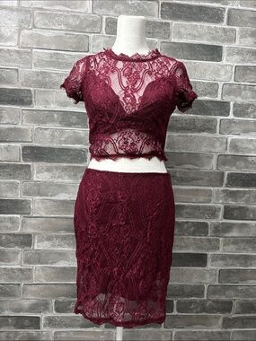 Wine Lace Crop Top & Pencil Skirt Set